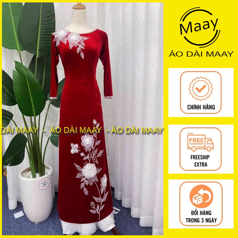 Áo dài nhung đính hoa kết ngọc, áo dài trung niên tặng bà tặng mẹ