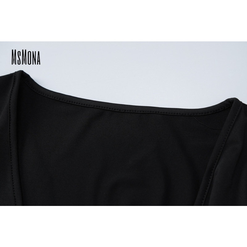 MsMona Áo Liền Quần Tay Dài Cổ Chữ U Màu Đen Trơn Thời Trang 2022 Quyến Rũ Cho Nữ
