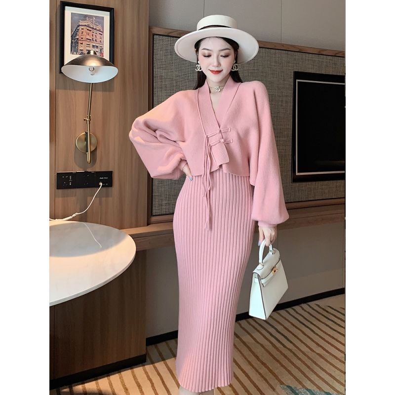 Set Áo Sweater Dệt Kim Phối Chân Váy + Khăn Choàng Ôm Dáng Thời Trang Thu Đông Phong Cách Pháp Thanh Lịch Cho Nữ