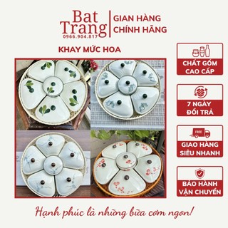 Khay mứt tết, hộp đựng bánh kẹo tết gốm sứ Bát Tràng hình hoa cao cấp kèm đế gỗ