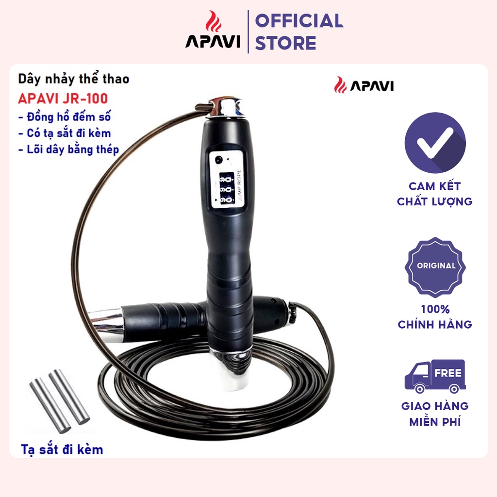 Dây nhảy thể thao Apavi JR-100 có đồng hồ đếm số, lõi dây bằng thép, có tạ sắt kèm hỗ trợ tập luyện, săn chắc cơ