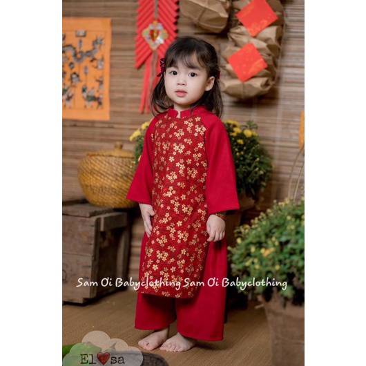 Áo dài bé gái áo dài cách tân hoa đào diện tết 8-30kg
