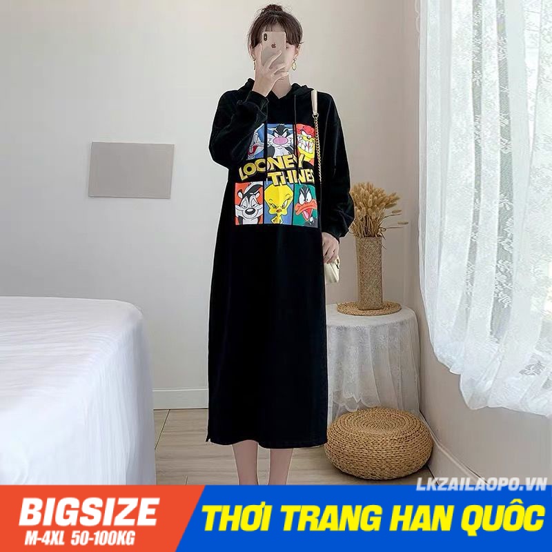 Váy đầm nữ Bigsize Đầm nỉ hoodie dáng suông tay dài cổ tròn mùa thu Phong cách Hàn Quốc Thời Trang cá tính xinh đẹp cho người mập béo nữ
