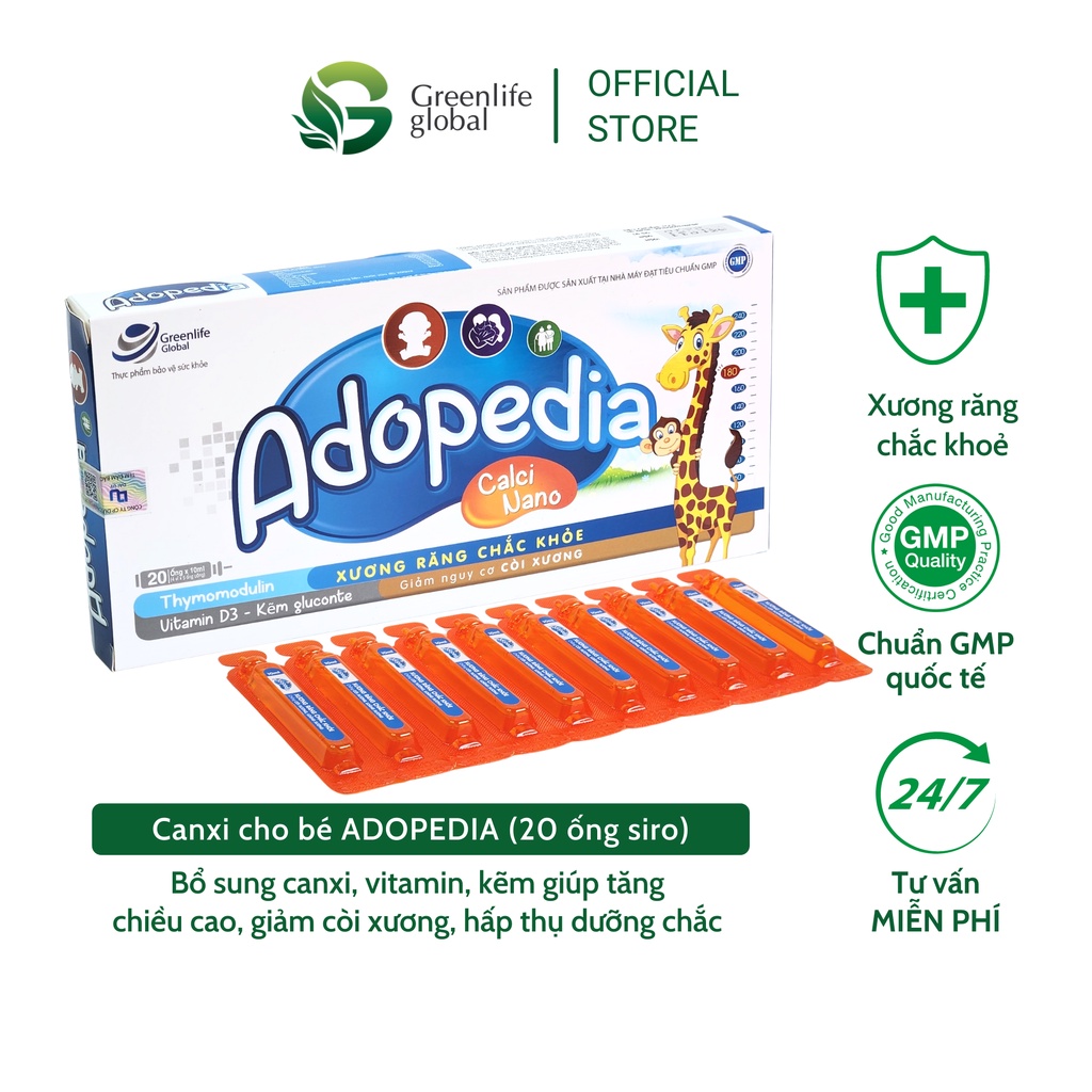 Canxi cho bé GreenLife Global Adopedia dạng siro - Giúp xương chắc khoẻ, tăng cường hấp thu dưỡng chất (20 ống nhựa)