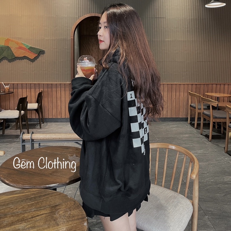 Áo hoodie nỉ 2za nam nữ unisex form rộng in HÌNH BÀN CỜ màu đen, Áo khoác ngoài ulzzang tay bồng phong cách Hàn Quốc
