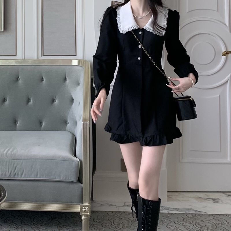 IELGY IELGY Đầm Ngắn Tay Dài Cổ Chữ v Phong Cách Hàn Quốc Cho Nữ