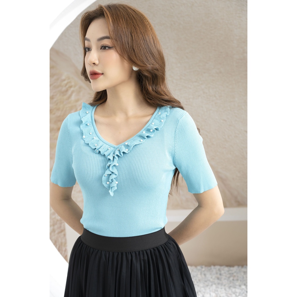 Áo len nữ cổ tim Fiona, áo len tay ngắn cổ bèo tiểu thư xuất xịn chất liệu mềm mịn F852225