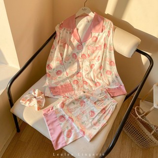 Pyjamas lụa tay dài quần dài họa tiết hoa hồng leueu.lingerie