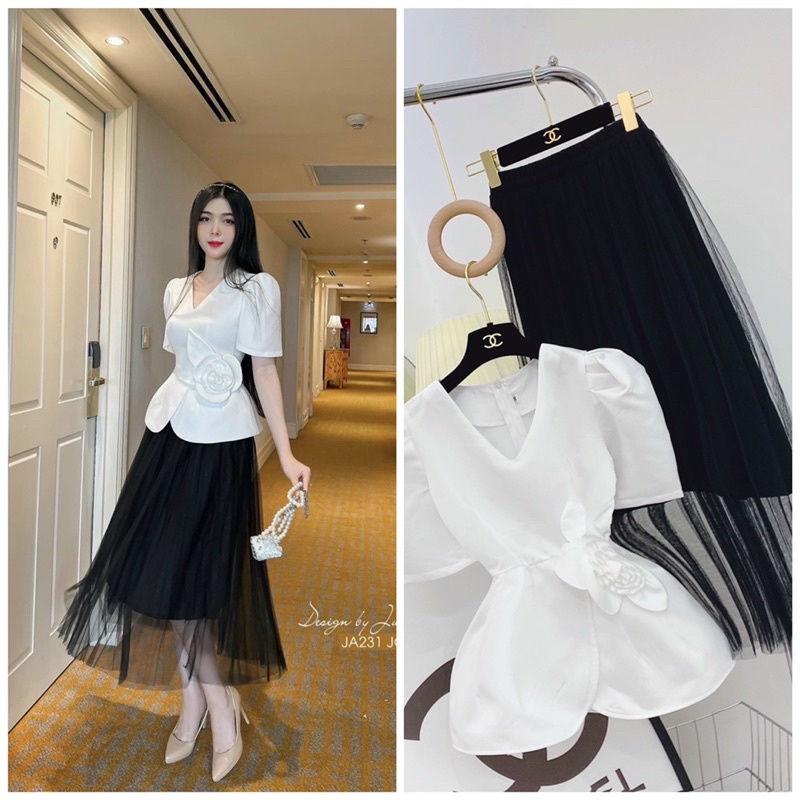 SET ÁO PEPLUM CỔ V ĐÍNH HOA KÈM CV