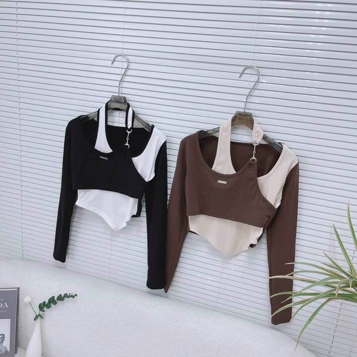 Áo Vạt Nhọn Tay Dài Cổ Yếm Thêu Dây Xích Phối Màu