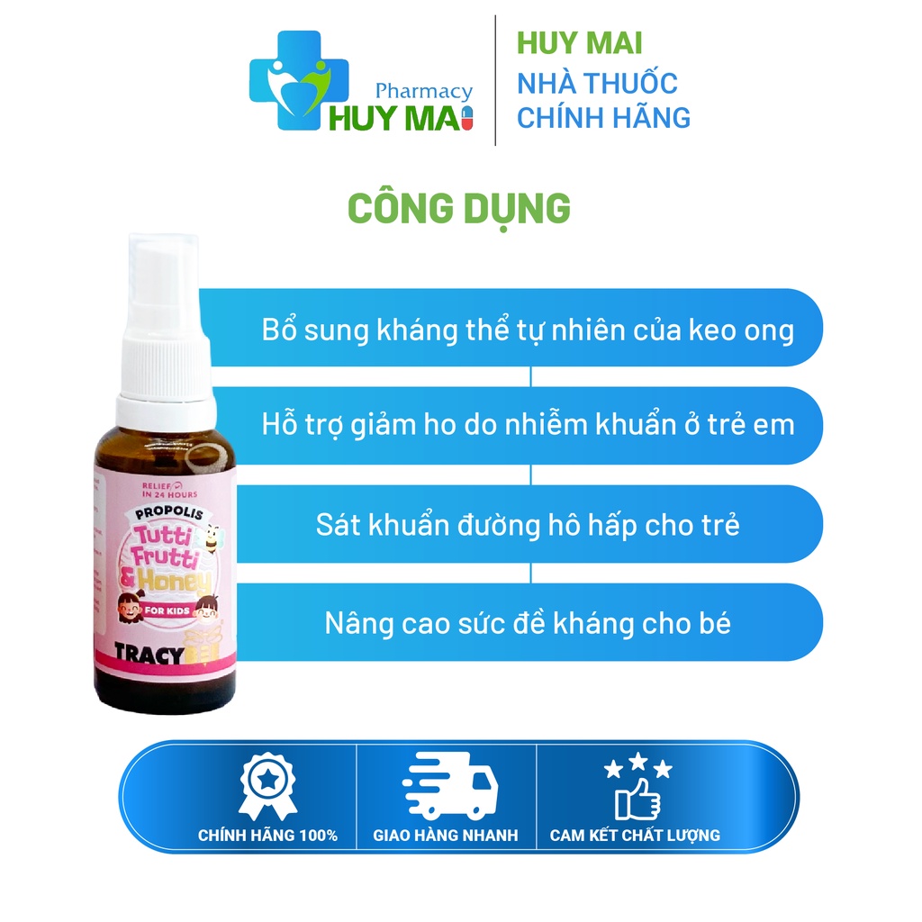 Keo ong giảm ho tăng đề kháng cho bé Tracybee Propolis Tutti Frutti & Honey For Kids Chai 30ml