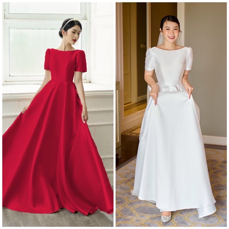 Đầm maxi cưới cho dâu xinh đi bàn MYMYSTORE05 cổ thuyền hở lưng V phối nơ - size S/M/L - MS251Y