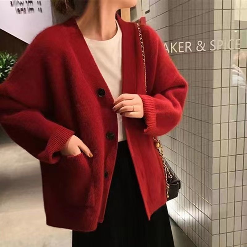 Áo Khoác Cardigan Dệt Kim Cổ Chữ v Dáng Rộng Màu Đỏ Thời Trang Mùa Đông Phong Cách Pháp Cho Nữ