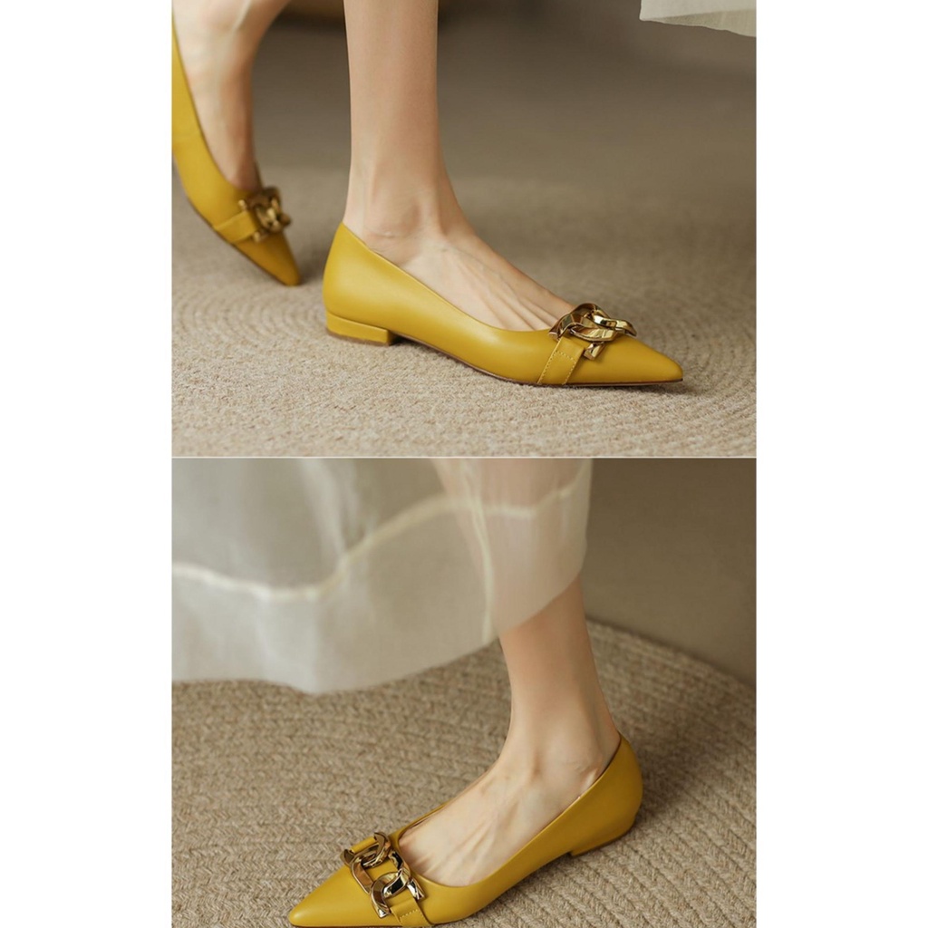 Giày Búp Bê Da Thật Mũi Nhọn Miệng Nông Phối Dây Xích Kim Loại Kiểu Pháp Dễ Phối