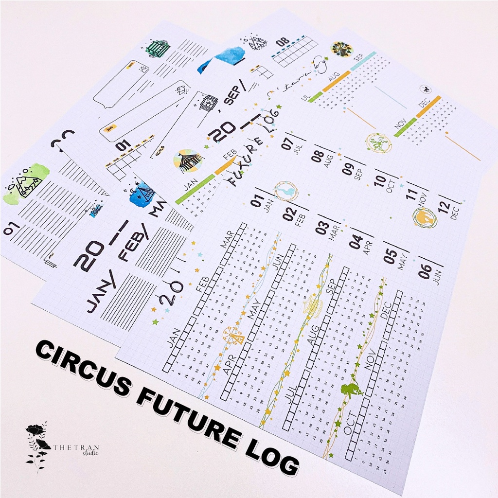 Bộ 5 tờ lịch ghi chú kế hoạch A4 dùng cho tất cả các năm chủ đề rạp xiếc / circus future log / thetranstudio