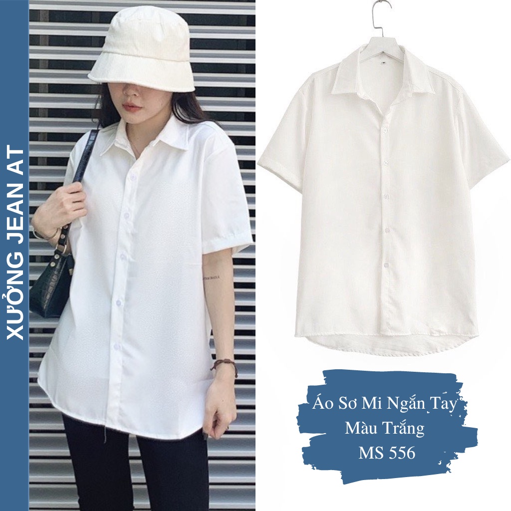 Áo Sơ Mi Nữ Form Rộng Ngắn Tay Trắng Và Đen Chất Cotton Lụa Hàn Unisex Đi Học, Đi Làm, Văn Phòng, Công sở Cực Xinh 556