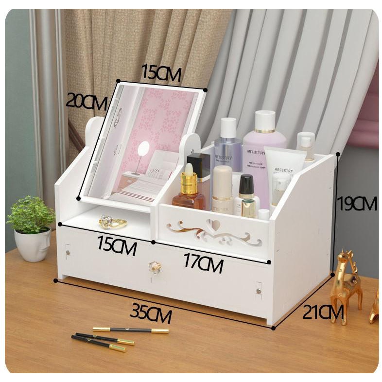 Kệ mỹ phẩm bàn trang điểm mini có 2 ngăn kéo kèm gương tai mèo dễ thương MIROHOME