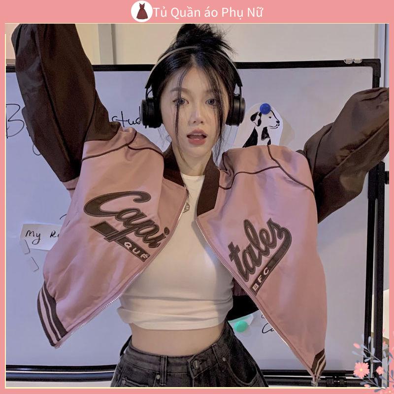 O Kho c B ng Ch y ng n D ng R ng B ng Satin Đồng Phục Bóng Chày Dài Tay Phối Khóa Kéo Màu Tương Phản Phong Cách Retro Mùa Thu 2022 Mới Cho Nữ