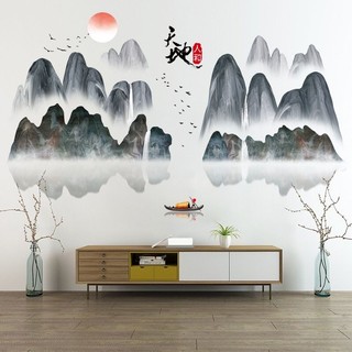 Decal dán tường cành mai và núi( tranh ghép)