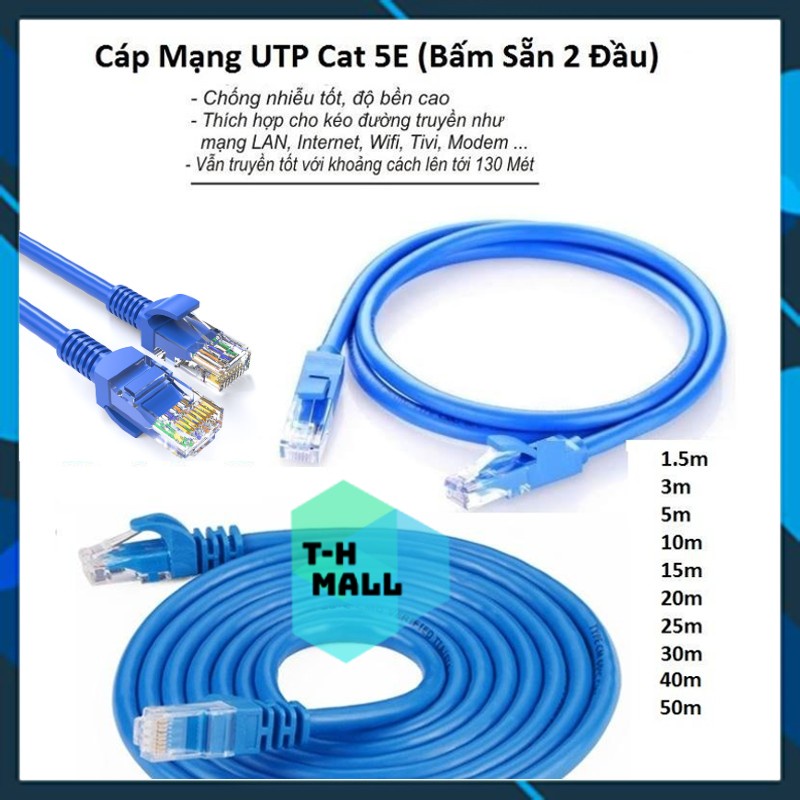 Cáp mạng LAN RJ45 UTP Cat 5E dài 1.5M 3M 5M 10M 15M 20M 25M 30M 40M 50M tùy chọn (dây xanh, bấm sẵn 2 đầu)