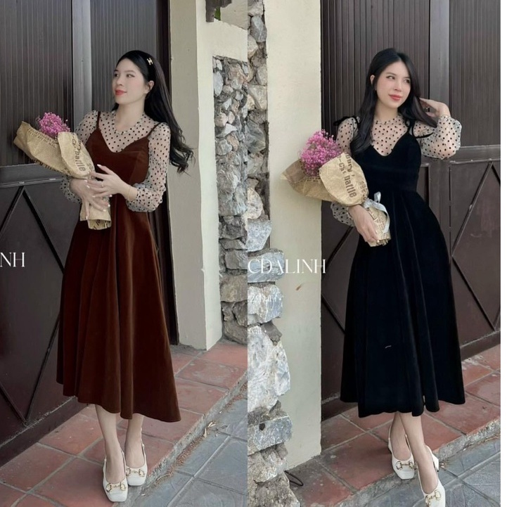 [Ảnh Thật/video]:Set Váy Yếm Nhung Kèm Áo Voan Chấm Bi 2 Màu [LOLLA_YE_FASHION]