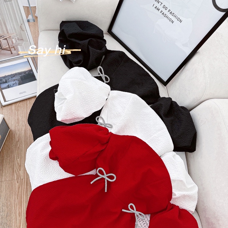 ĐẦM GẤM XỐP RỚT TAY PHỒNG ĐÍNH ĐÁ NƠ