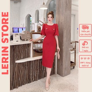 Đầm Dạ Tweed Dáng Dài Body Tay Bồng Cổ Đính Đá Sanh Chảnh Mặc Đi Tiệc Đi Đám Cưới _ Lerin V256
