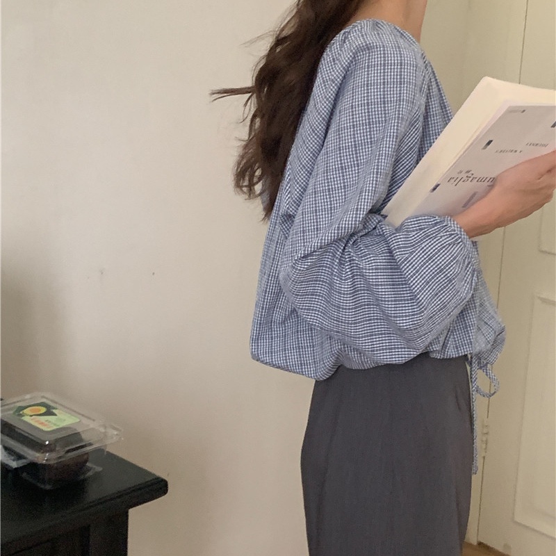 SUXI Áo Kiểu Tay Dài Cổ Tròn Dáng Rộng Kẻ Sọc Phối Dây Rút Thời Trang Hàn Quốc Cho Nữ