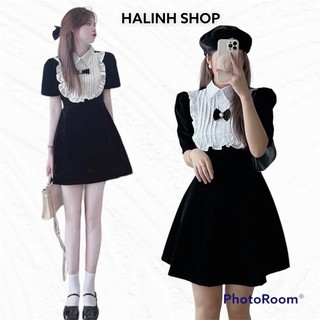 Váy Nhung Đen Bèo Ngực Nơ Ngọc Thắt Eo Size S M -Halinh Shop