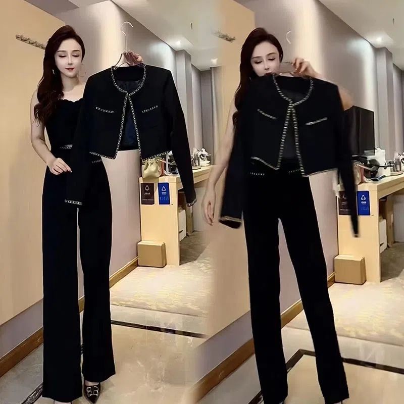 Influencer Set Áo Khoác Ngắn Phối Quần Dài Ống Rộng Thời Trang Mùa Thu Phong Cách Xiaoxiang Cao Cấp