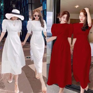 Đầm cổ tròn xếp li eo 2 màu