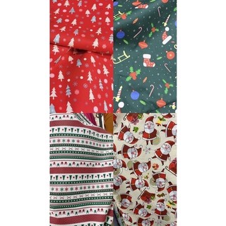 Vải thô mặt lụa hoạ tiết noel may quần áo , ga gối 100% cotton