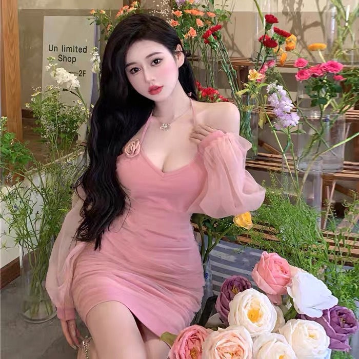 Váy Ngắn Xếp Ly Ôm Eo Tay Phồng Phối Lưới Hoa Trà Màu Trơn Phong Cách Mới Mùa Hè220526