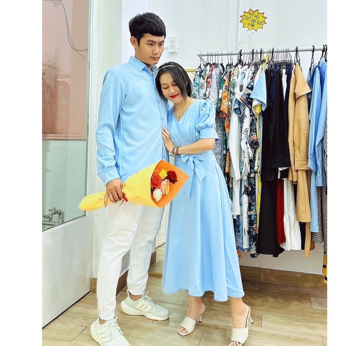 Đồ đôi nam nữ cao cấp gồm váy và áo sơ mi hình thật shop tự chụp