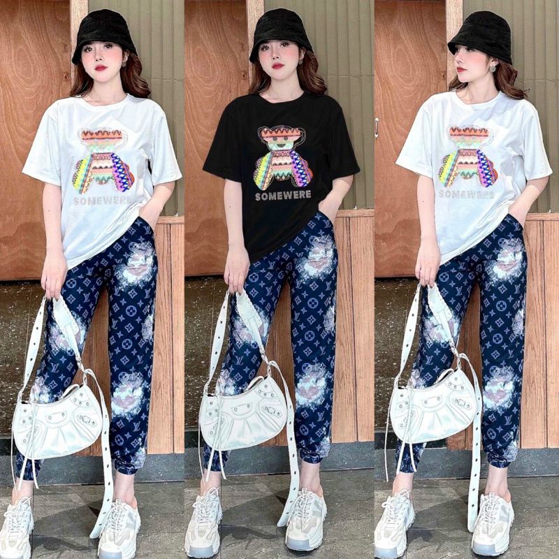 Set Bộ Dài Form Rộng Áo Thun Cotton Thêu Gấu Viền Kim Sa Phối Quần Thun Lạnh Bo Chân Hiện Đại