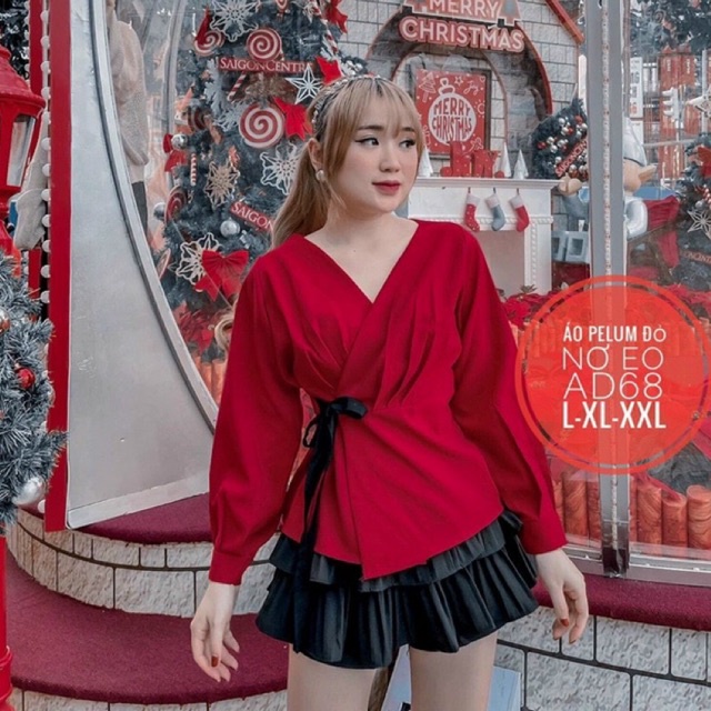 Áo peplum đỏ bigsize 55-90kg đắp chéo cột nơ eo