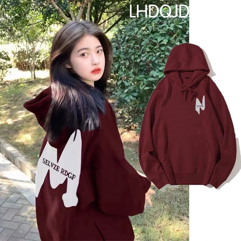 Áo Khoác Hoodie Dày Dặn Dáng Rộng Màu Đỏ Rượu Phong Cách Retro Mỹ Mừng Năm Mới