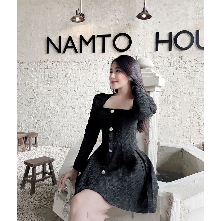 Đầm Dạ Nữ Cổ Vuông Phối Tay Bồng Tiểu Thư Hàng Quảng Châu V3013 - Tiệm váy xinh Quảng Châu