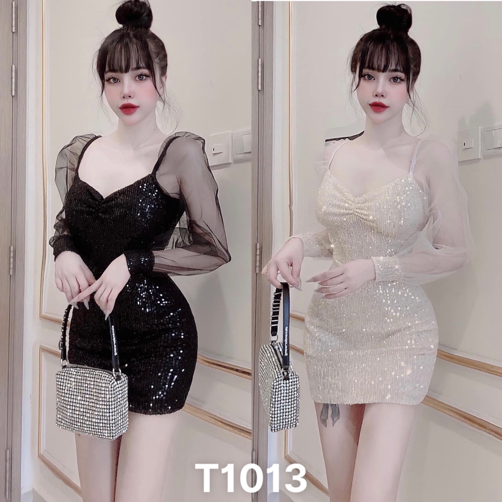 Đầm ôm body dự tiệc nữ cổ v kim sa phối tay lưới có mút T1013