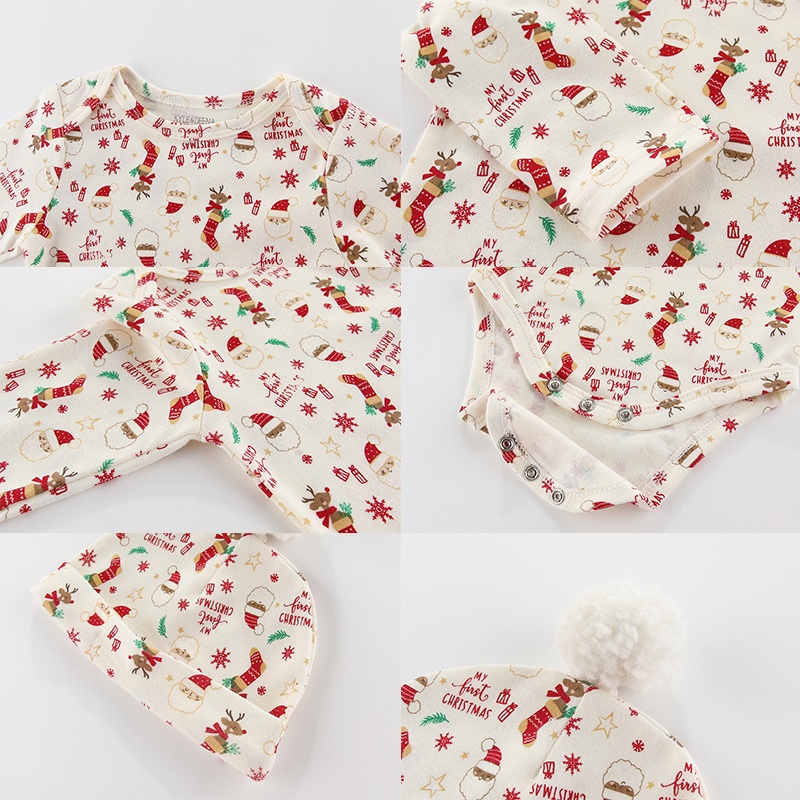 Set Đồ 2 Món Gồm 3 Món Áo Liền Quần Tay Dài In Họa Tiết Hoạt Hình Giáng Sinh Kèm Nón Cho Bé Sơ Sinh