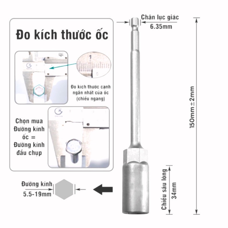 Đầu chụp BuLong 150mm chân lục giác cho khoan pin và khoan điện sâu lòng - Đủ kích thước