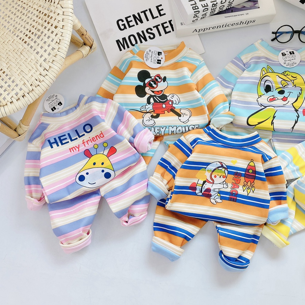 Đồ Bộ cho bé, quần áo nỉ bông dài tay kẻ ngang in hình chuột micky Q001