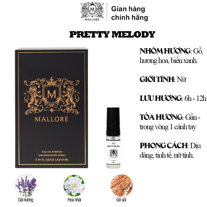 Nước hoa nữ Pretty Melody hương thơm dịu dàng, tinh tế, gợi cảm 3ml dạng xịt tiện lợi Mallore