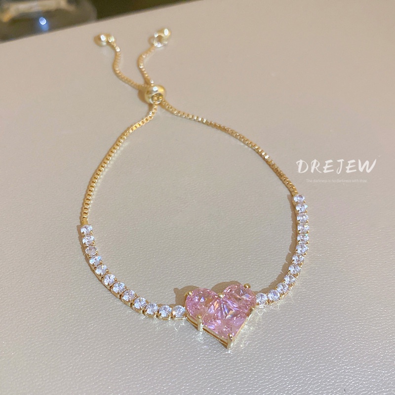 DREJEW Vòng đeo tay đính đá zircon hình trái tim sang trọng có thể điều chỉnh phong cách Hàn Quốc