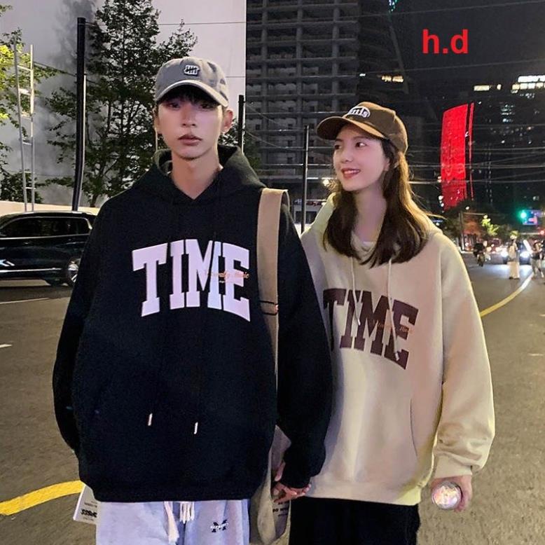 Áo hoodie TIME MŨ 2 LỚP Chất liệu nỉ bôngform thụng nam nữ kiểu dáng unisexcó túi bụng và dây rút mũ mùa đông