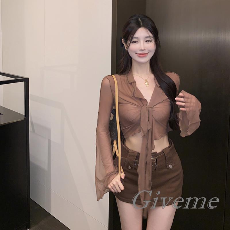 Áo Thun Crop Top Lưới Tay Dài Xuyên Thấu Màu Trơn Thời Trang Đường Phố Dành Cho Nữ