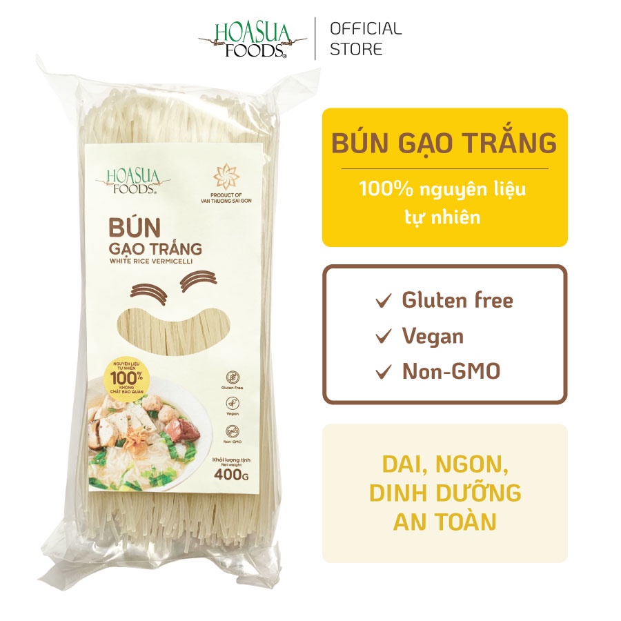 Bún gạo trắng Hoa Sua Foods túi 400g - hoàn toàn từ gạo sạch, an toàn, phù hợp ăn chay, thực dưỡng