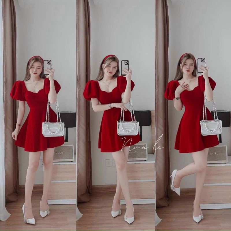 Đầm thời trang nữ dự tiệc đi chơi chất nhung cứng cổ chữ V tay phồng váy xoè
