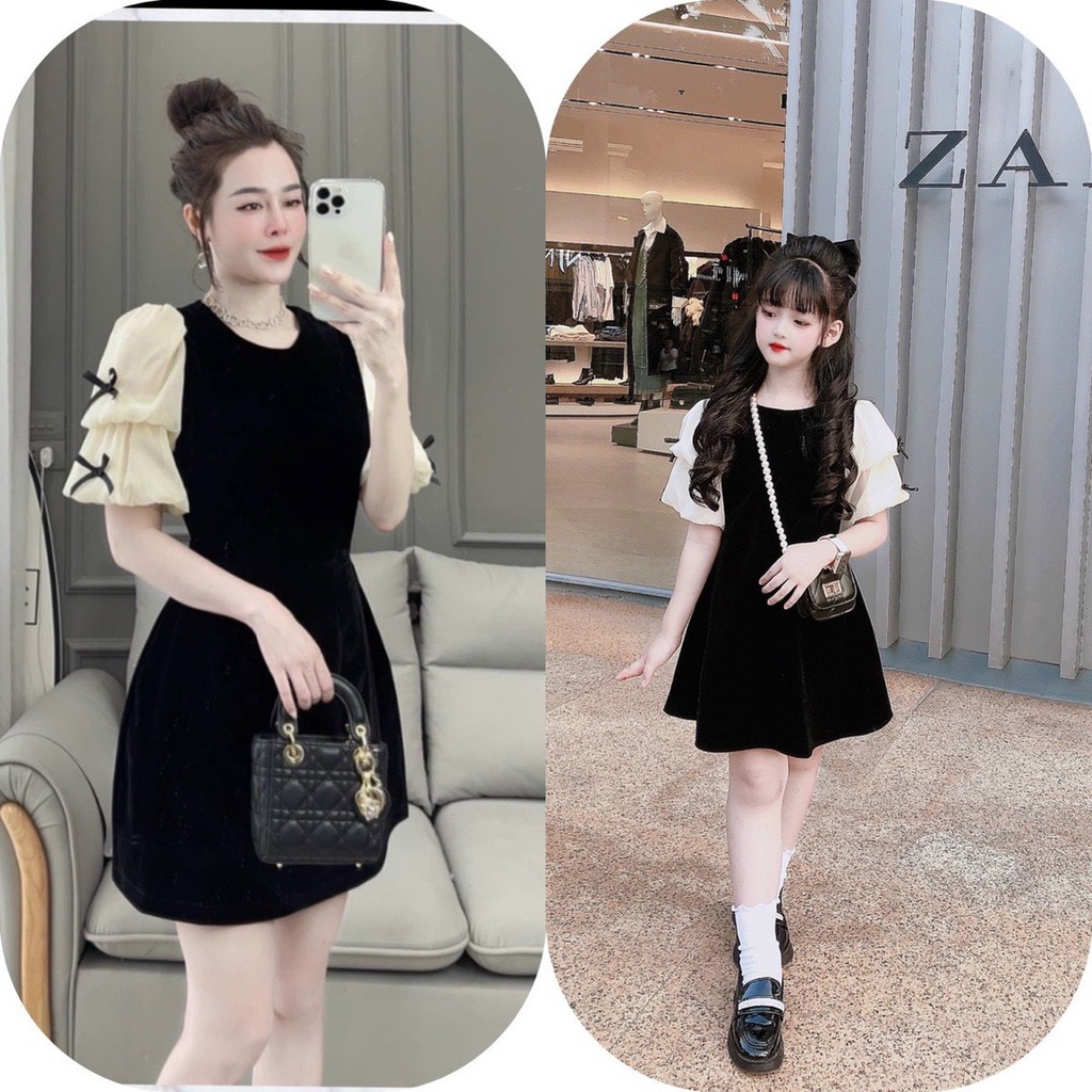 BÁN SỈ VÁY BÉ GÁI NHUNG ĐEN TAY BE ĐÍNH NƠ