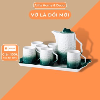 Bộ bình ly uống trà 6 cốc sứ kèm khay sứ sần cao cấp có hộp đựng Alifis